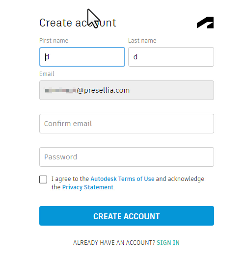 Formulaire de création de compte Autodesk avec e-mail pré-rempli