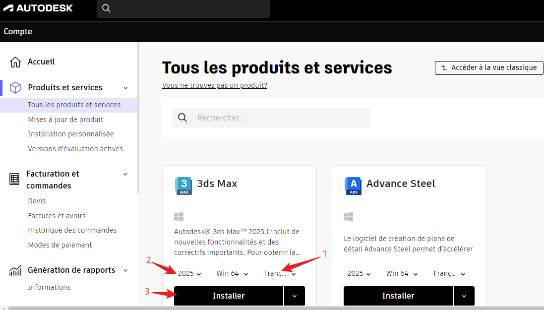 Sélection de la version et système d exploitation sur le portail Autodesk
