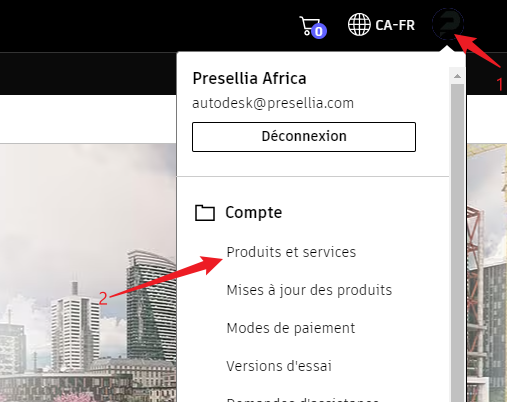 Portail manage autodesk avec menu produits et services