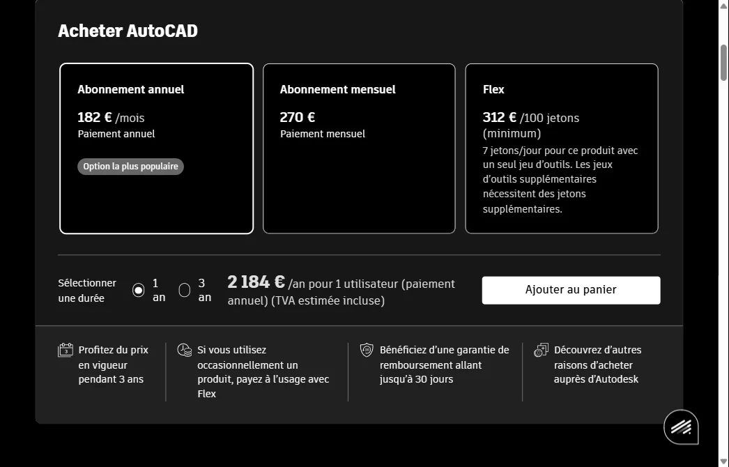 Tarifs officiels AutoCAD en euros et paiement par carte bancaire internationale