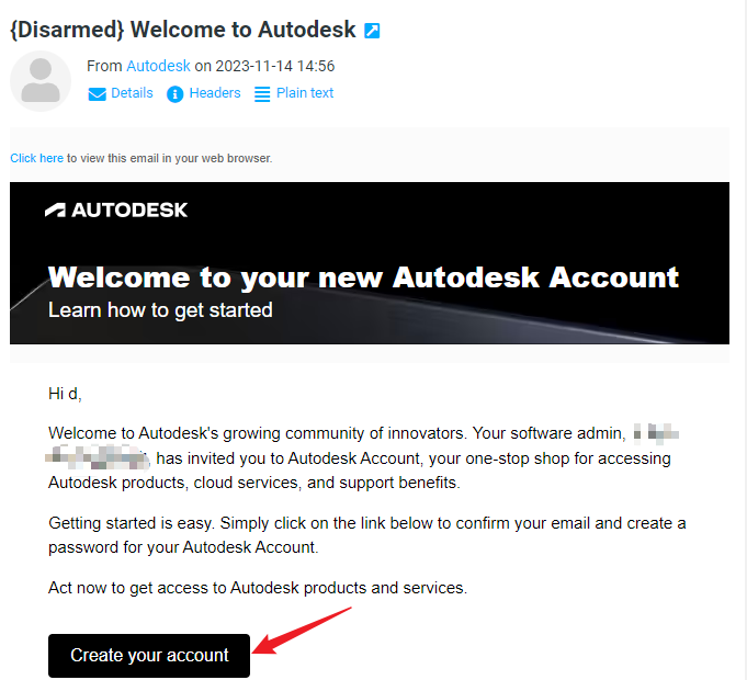 E-mail d'invitation officielle envoyé par Autodesk après commande