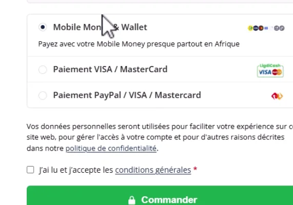 Moyens de paiement Mobile Money, carte Visa Mastercard et PayPal sur la page de commande Presellia