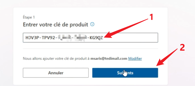 Saisie de la clé Microsoft 365