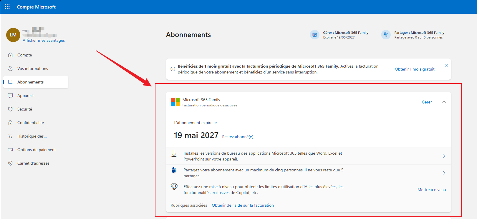 Rubrique services et abonnements
