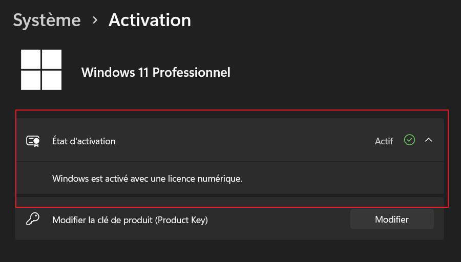 Statut Windows est activé après saisie de la clé retail