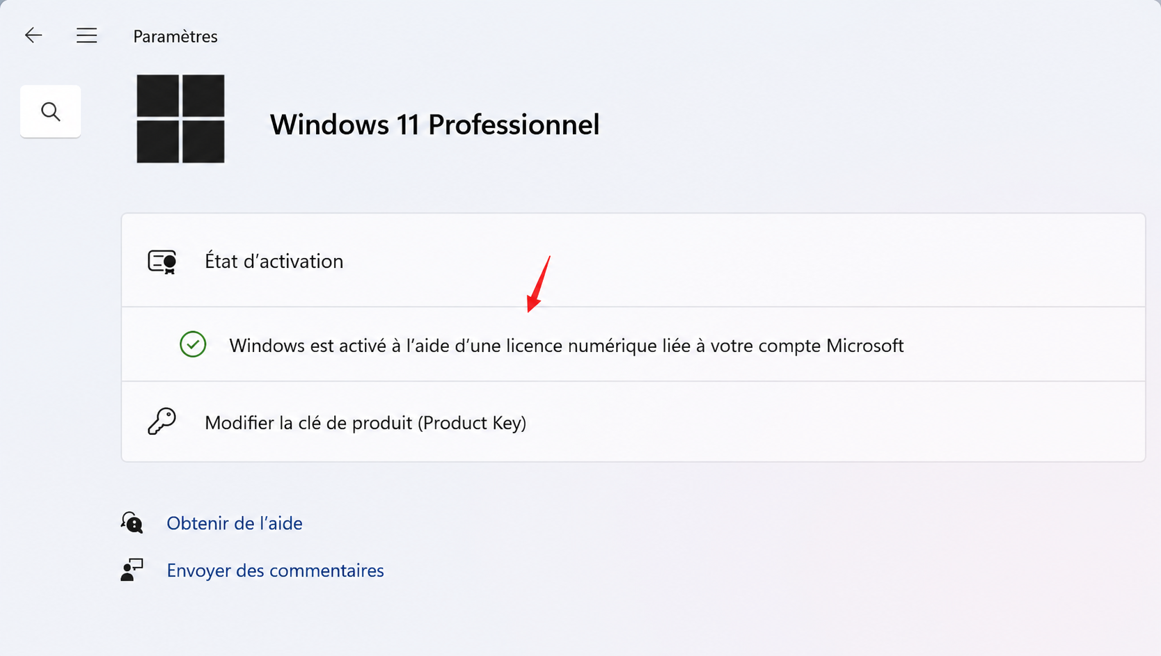 Licence numérique Windows liée au compte Microsoft dans les paramètres