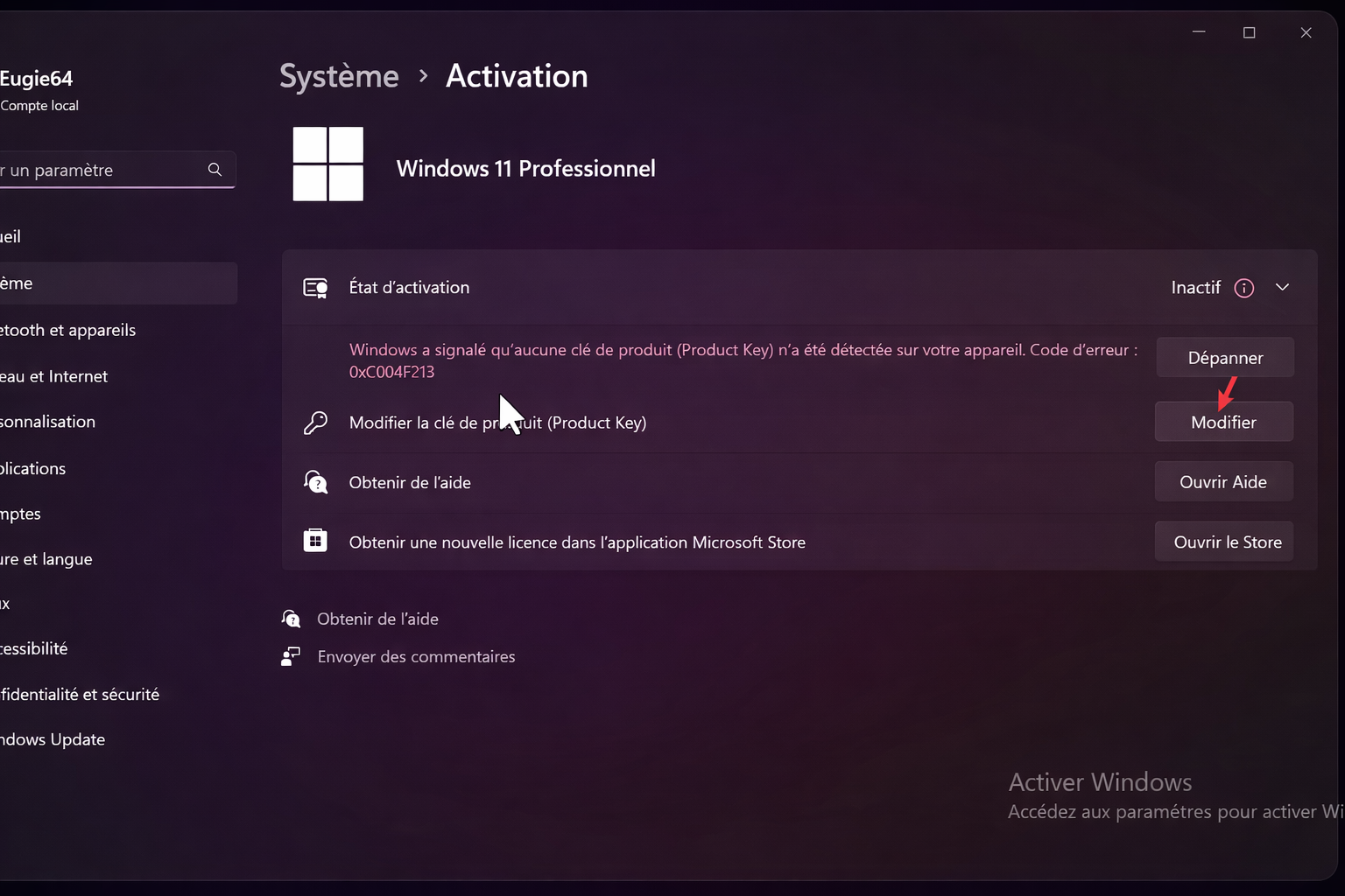 Saisie de la clé de produit de 25 caractères sur Windows