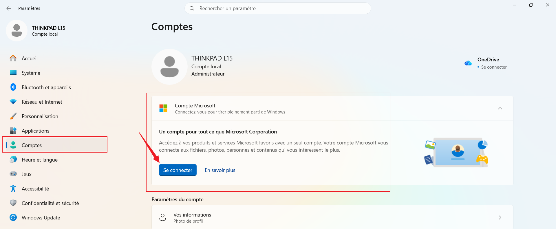 Connecter son compte Microsoft dans les paramètres de compte Windows