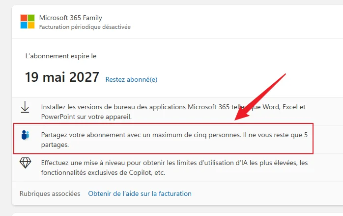 Interface du tableau de bord de compte Microsoft avec le bouton Gérer le partage d'abonnement