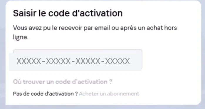 Fenêtre Saisir le code d'activation de Kaspersky