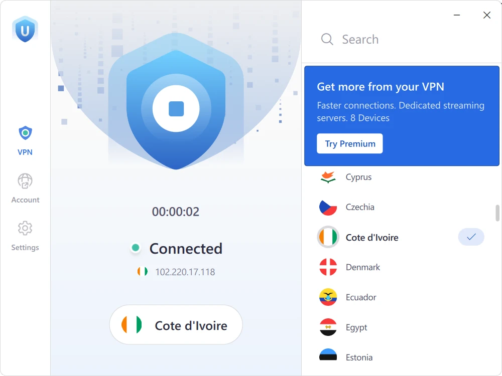 Urban VPN connecté en Côte d'Ivoire avec obtention d'une IP africaine
