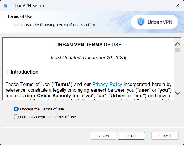 Interface d'installation de l'application Urban VPN pour Windows