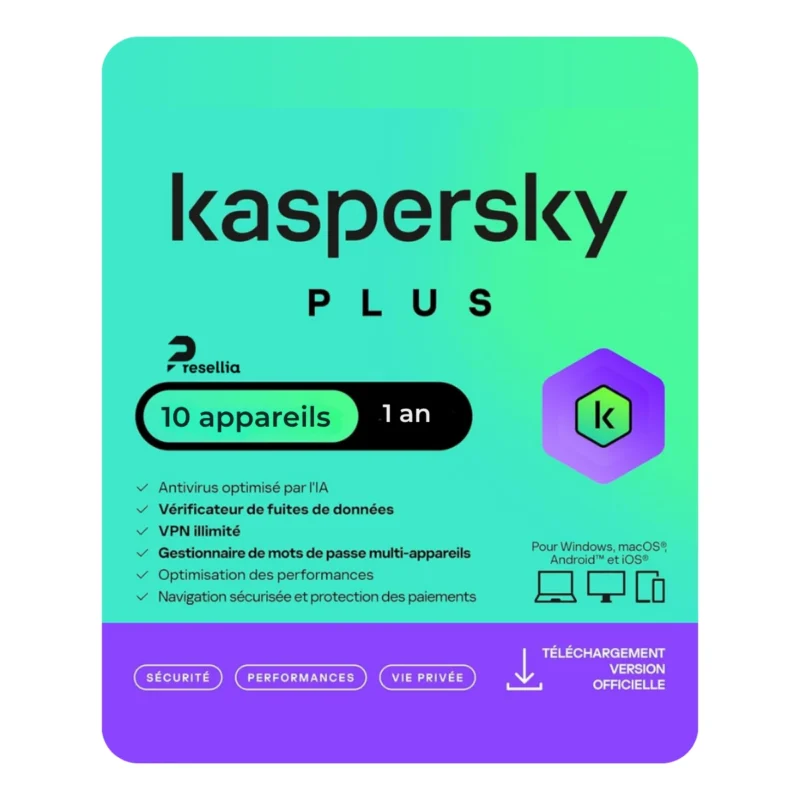 Kaspersky Plus 10 postes - 1 an Presellia Kaspersky Plus 10 appareils 1 an Presellia