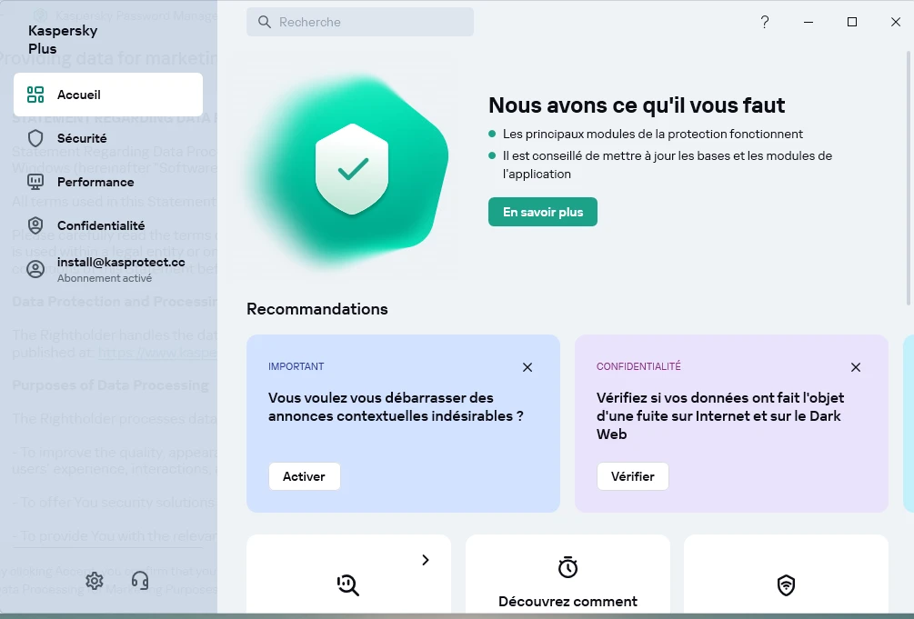 Fenêtre Kaspersky confirmant la licence active et la durée d'abonnement